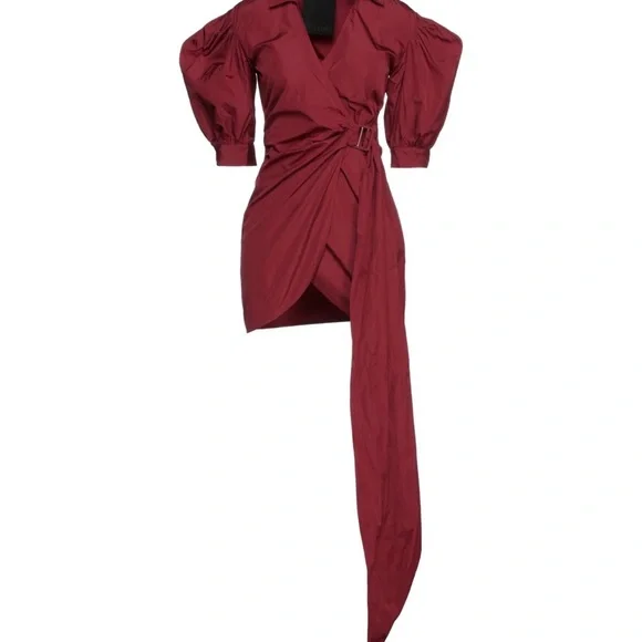 RED Valentino Wine-Red Wrap Mini Dress with Puff Sleeves - Picture 3 of 3